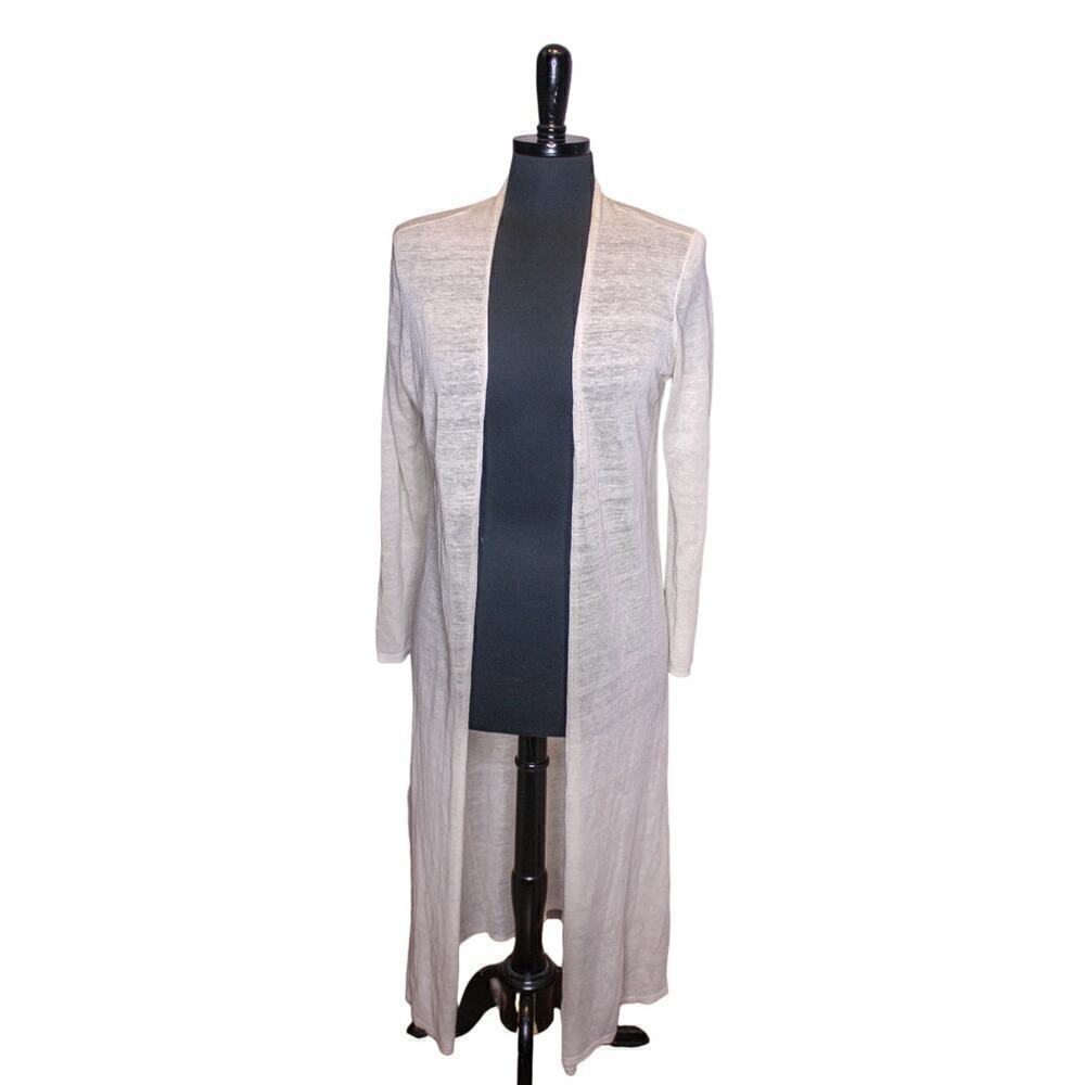 Eileen Fisher Long Cardigan Sweater Duster Linen Blend Cream White PS